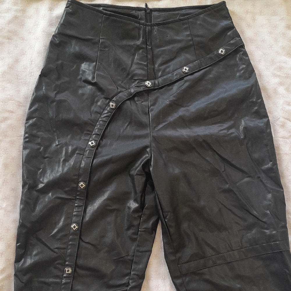 Vintage Black Faux Leather Pants with Silver/ Black Button Detail